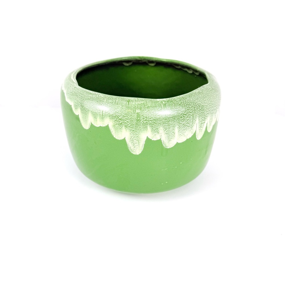 Vntg Green Two Tone Round Planter Dish Drip Art Pottery Mid-Century Modern Style